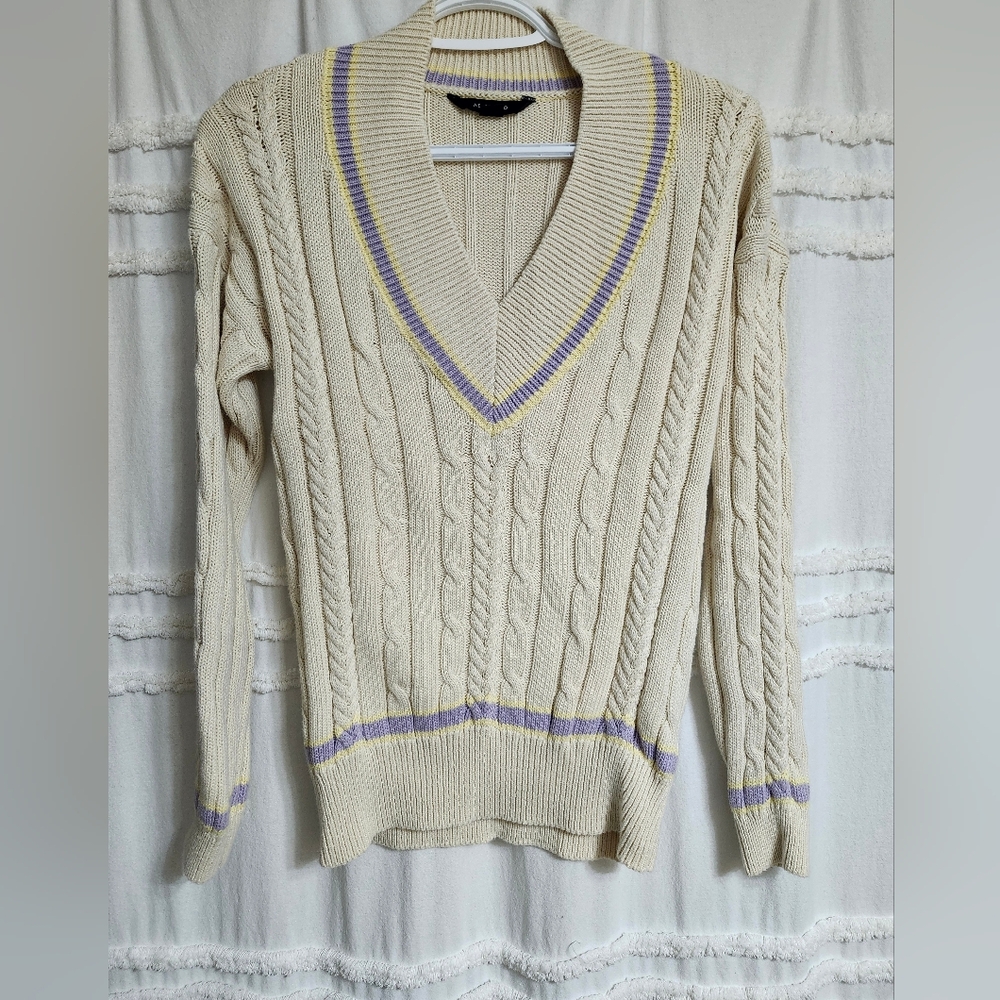 Beautiful, V-Neck Cable Knit Sweater - Cream and Purple. Made In Italy!